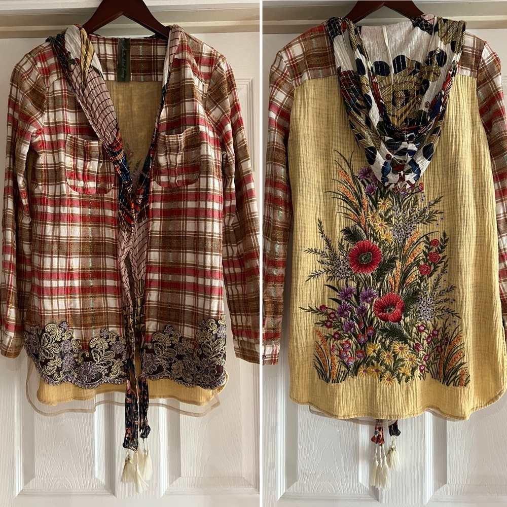 Aratta Sarah of York Plaid Floral Embroidered Open Front Hooded Shirt Jacket